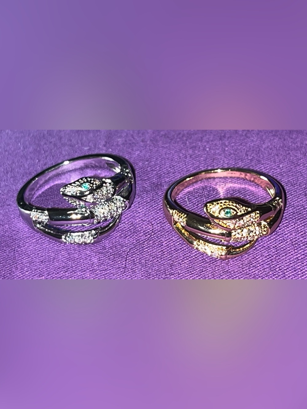 Silver or Gold Tone Pave Snake Ring with Green Crystal Eyes